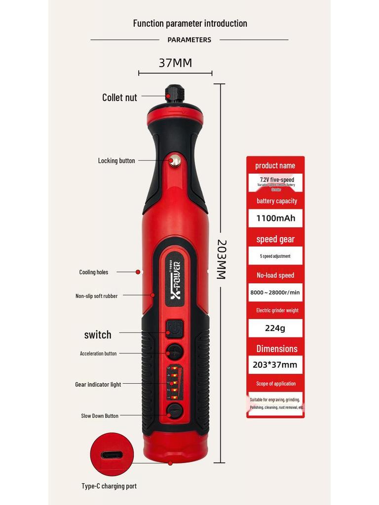 7,2V Lithium-Akku-Elektroschleifer mit 5-Gang-Regelung & Licht zum Jade-Schnitzen, Schleifen und Polieren