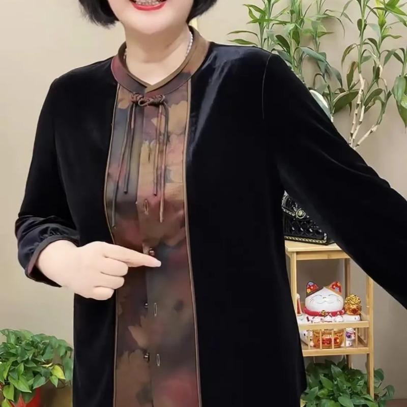 Nový kardigan s dlouhým rukávem a stojáčkem na knoflíky, volný retro elegantní top ze zlatého sametu pro ženy