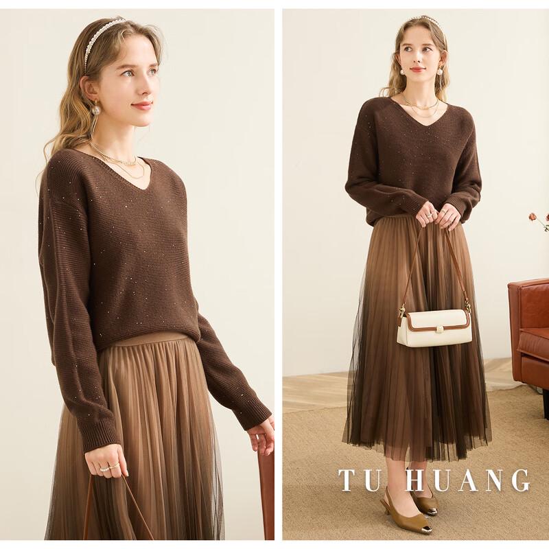 TUHUANG Women's Thick Wool Sequined V-Neck Sweater