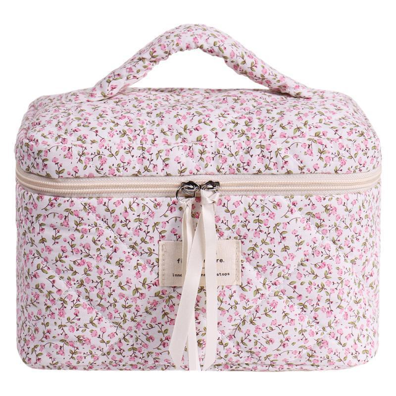 High-Capacity Quilted Floral Cosmetic Handbag