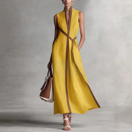 Sommer ärmelloses Kleid für Damen, lässig, Stehkragen, V-Ausschnitt, Maxikleid, fließend