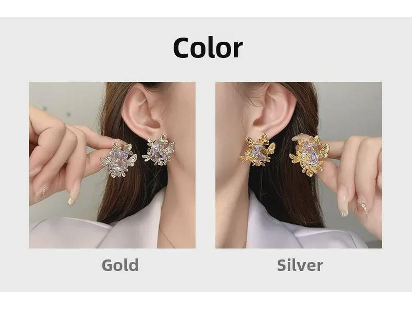 Elegant 2024 South Korea Dongdaemun Copper-Plated Gold Earrings with Zircon Inlay for Women