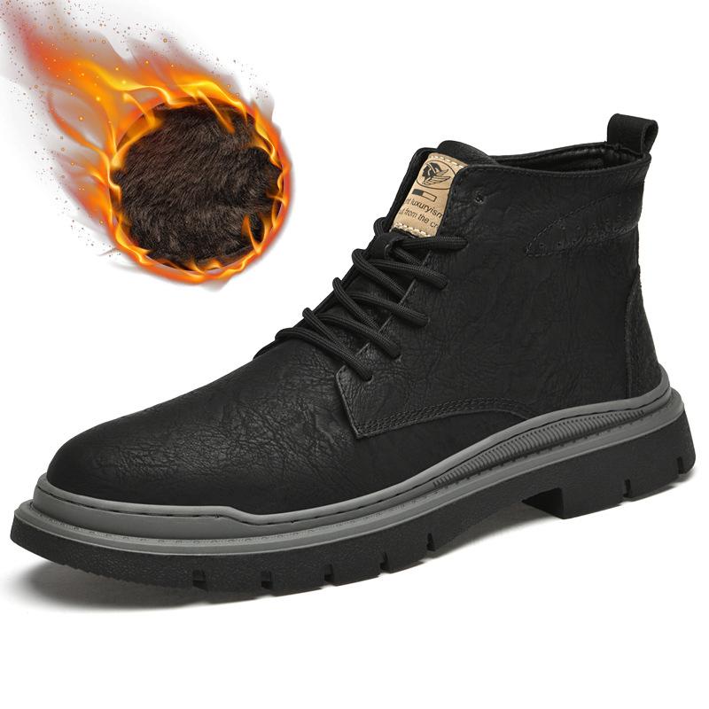 Men's Cowhide Martin Boots Large Size Soft-soled Outdoor Tooling Boots Men's Retro Velvet Warm High-top Leather Boots Men