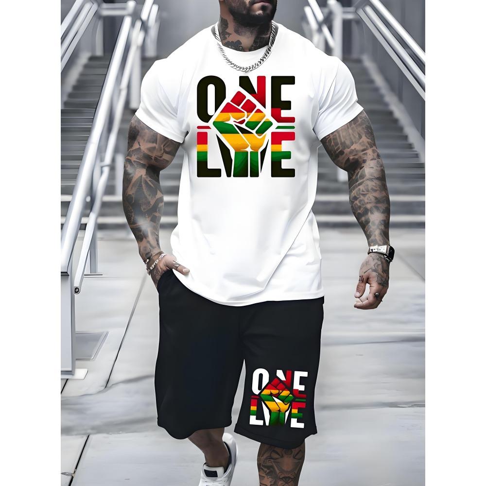 Fashion Colorful Love Graphic T-shirt Shorts Set Summer Sports Short Sleeve Shorts 2-piece Set Men's Quick Dry Sportswear Suit