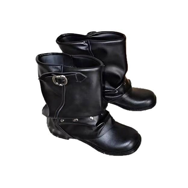 Leather boots personalized hottie thick heel black short tube stacked rivet pant tube boots women's pleated new boots adult