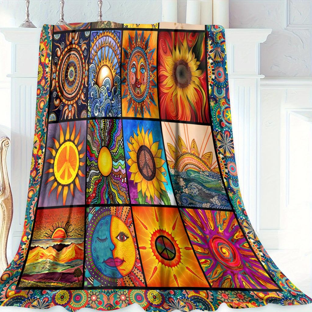 Sun Moon Totem Flannel Blanket Soft Retro Style Sun Moon Printed Blanket Four Seasons Comfortable Blanket