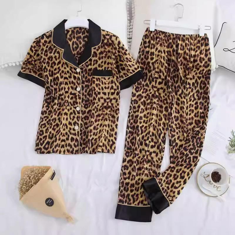 Pajamas Casual Clothing Summer Short Sleeve Trousers Thin Leopard Print Lapel Loungewear