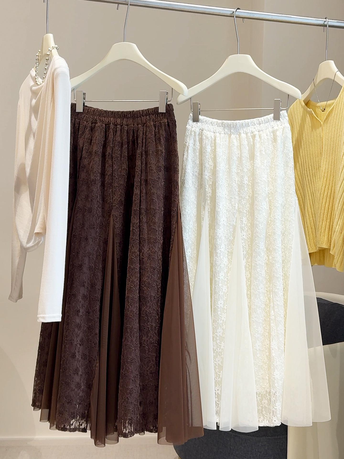 Women s Lace-Trimmed Jacquard Mesh Midi Skirt, A-Line, Elastic Waist, Slimming, Perfect for Autumn One Size хаки