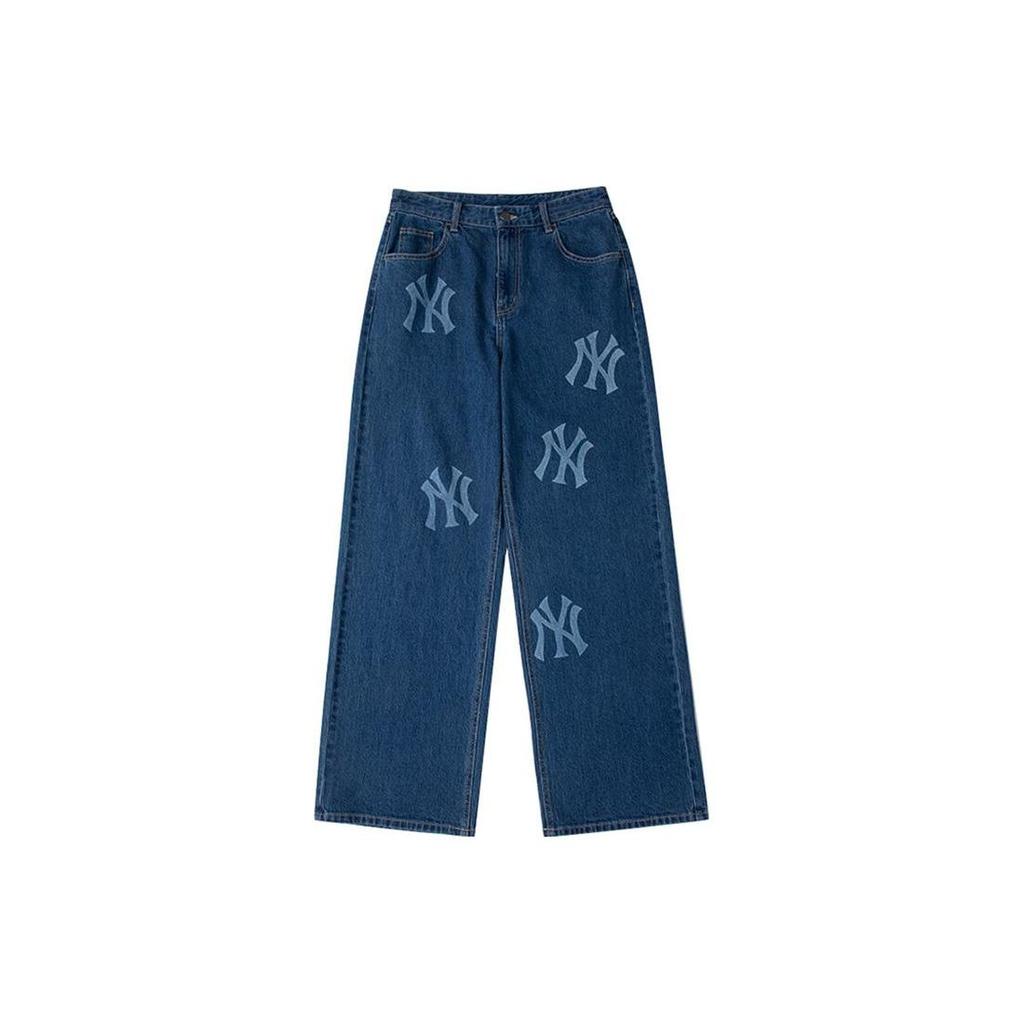 MLB New York Yankees Printed Logo Straight Leg Mid Rise Loose Fit Jeans Women bottoms Bright-Blue 3FDPB0334-50INS