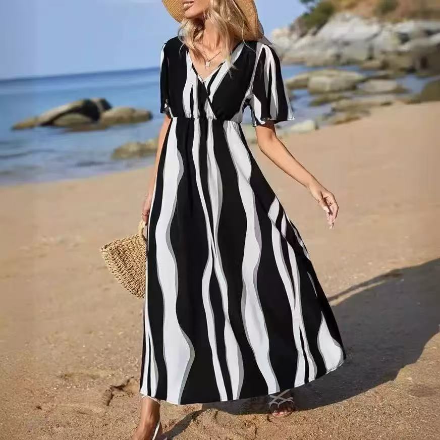 2026 new European and American cross-border bohemian V-neck striped long dress women s summer vacation loose dress S