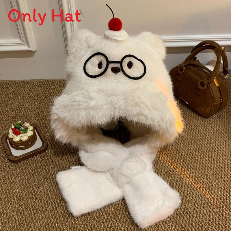 

Cute Cherry Bear Ears Plush Hat Scarf Set For Women Winter Warmth With Fleece Lining For Cold Seasons