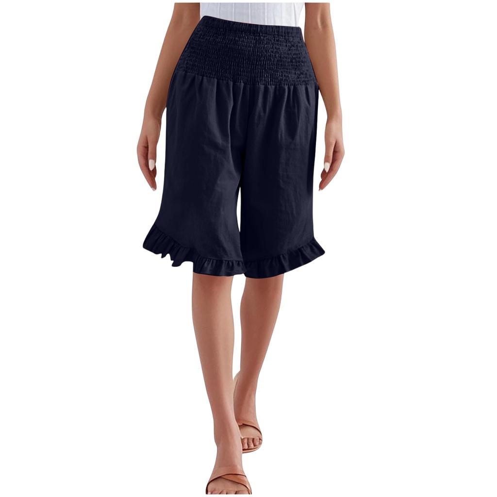 Damen Farbige Hohe Taille Plissierte Baumwolle Leinen Lockere Freizeitshorts