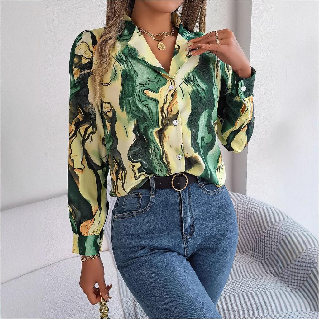 Spring Autumn Contrasting Color Shirts Women Casual Notched Long Sleeve Single Breasted Blouse Elegant Office Lady Clothes