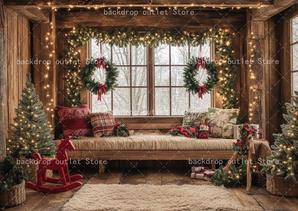 Decorazioni Festa di Natale Sfondo in Legno Finestra Interna Regali Albero di Natale Bambini Famiglia Ritratto Sfondo Fotografico per Studio Fotografico