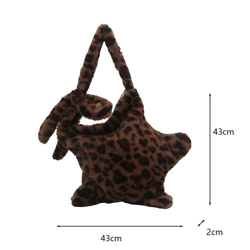 Winter Furry Star Large Capacity Shoulder Bag Vintage Tote Handbags Female Leopard Pattern Plush Crossbody Bags for Women CLE