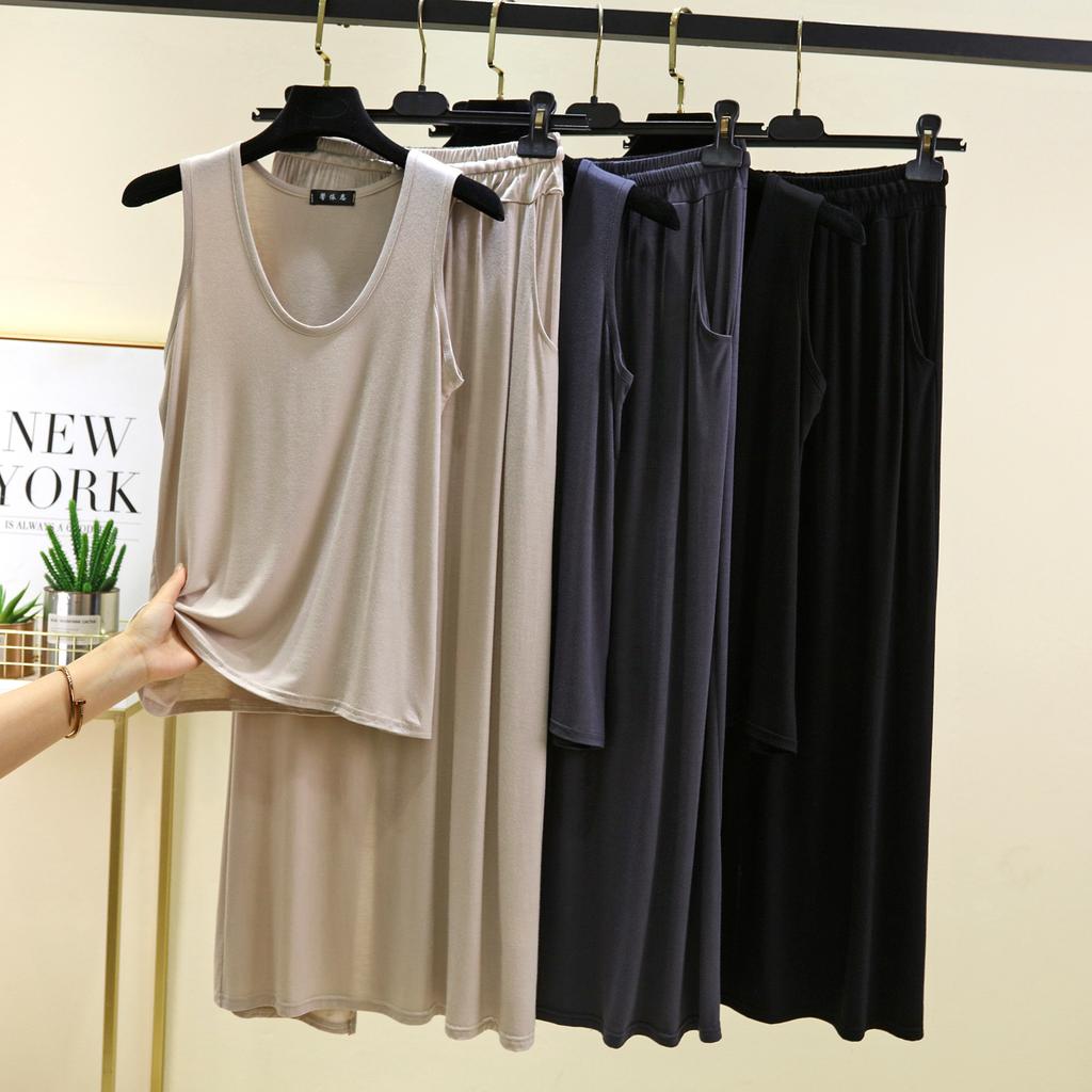 Modal Tanktops mit tiefem U-Ausschnitt und langer Rock Einfarbig Homewear 2-teiliges Set Locker Lässige Kleidersets Damen-Set