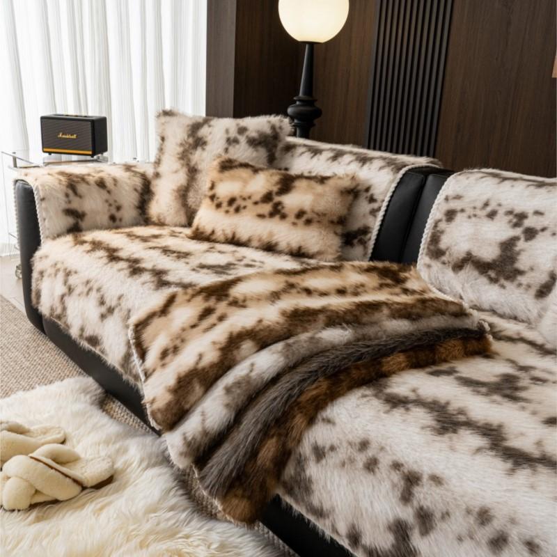 New Vintage Rabbit Plush Sofa Cushion Winter Thicken Plush Warm Straight-Line Leopard Sofa Throw Cover Anti-Slip Soft Fuzzy Mats