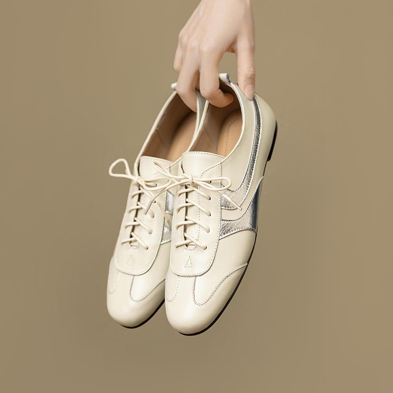 Fashion Women's new leather cowhide round toe spring and autumn low heel plus large lace up casual and comfortable sports single shoe