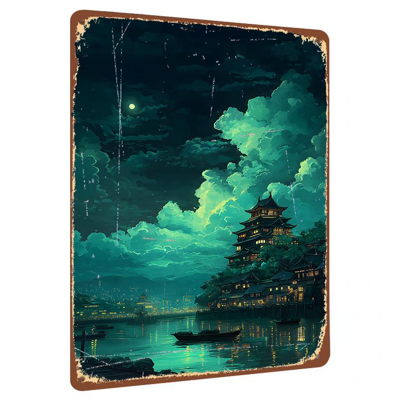 

Ancient Chinese Pavilion Night Scene Metal Wall Art Decorative Painting for Living Room Bedroom 20x30cm（7.8x11.8inch）