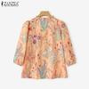ZANZEA Women Casual Round Neck 3/4 Sleeve Loose Print Blouse