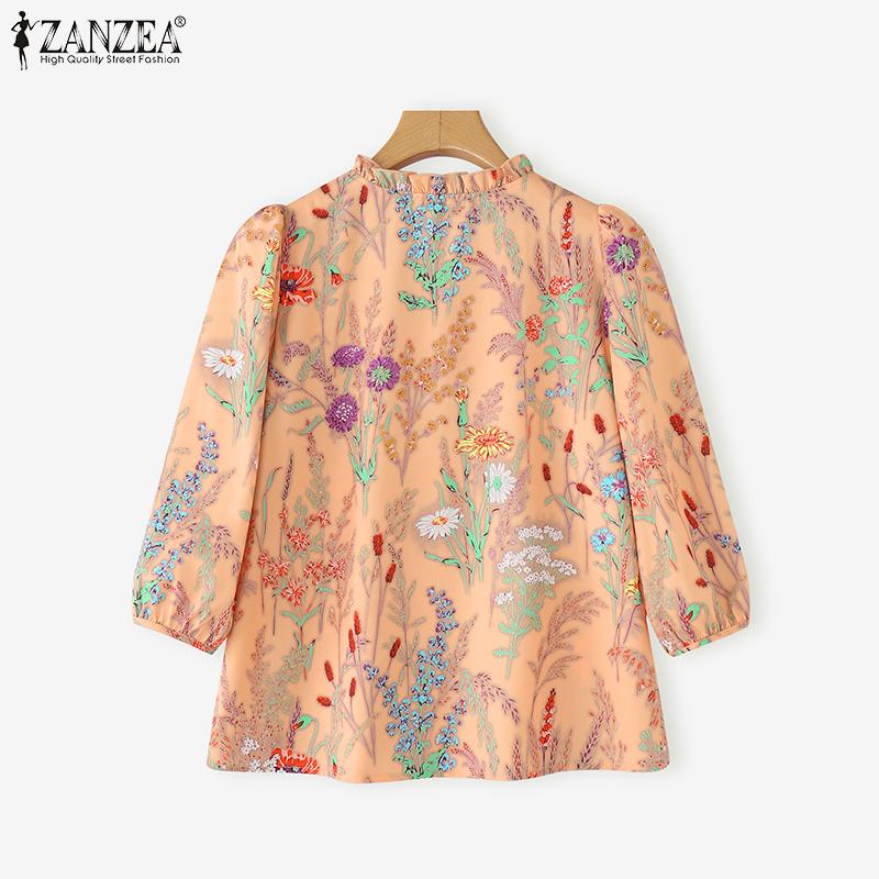 ZANZEA Women Casual Round Neck 3/4 Sleeve Loose Print Blouse