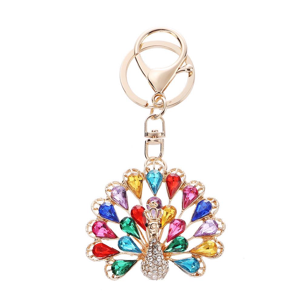 Seven-Color Peacock Tail Keychain: Creative Metal Pendant with Crystals