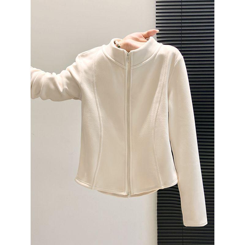 Plus Size Velvet Double Zipper Stand Collar Long Sleeve Women's Slimming Autumn Winter Top