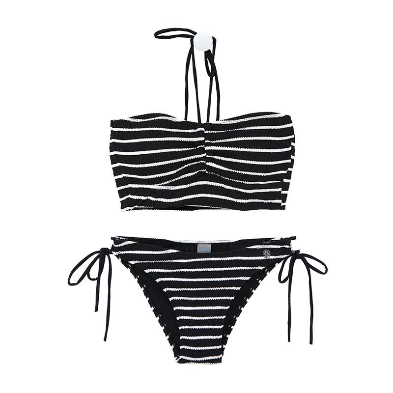 Costum de baie bikini coreean de lux cu dungi, fără bretele, cu șnur și crăpătură, pentru femei