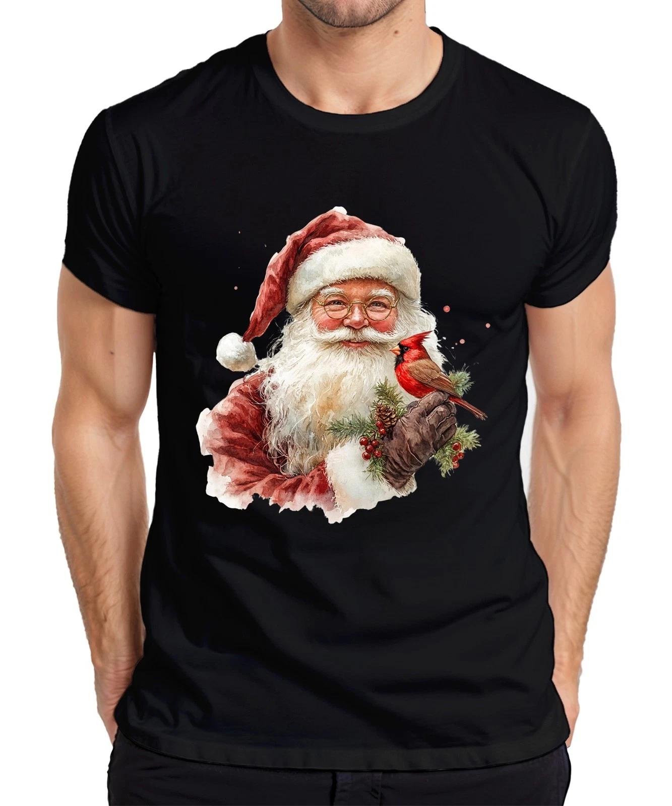Weihnachtsmann mit Kardinalvogel Tannenzweig Aquarell Vintage Herren T-Shirt XXL