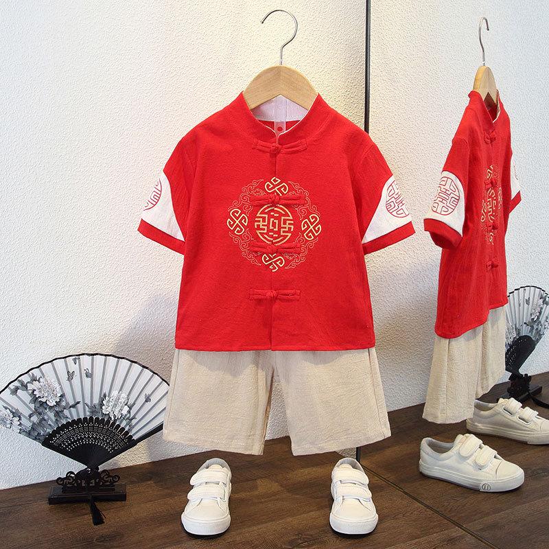 Completo Estivo da Ragazzo a Maniche Corte Stile Cinese per Bambini Hanbok Bello Completo Tang Cotone Lino Sezione Sottile di Abbigliamento Antico
