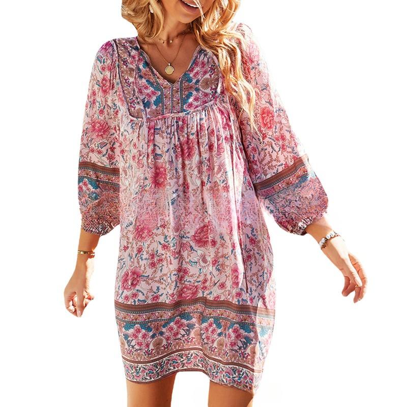 

Весеннее горячее женское платье с принтом в стиле бохо с длинными рукавами, V-образным вырезом, шнуровкой, платья А-силуэта XL розовый