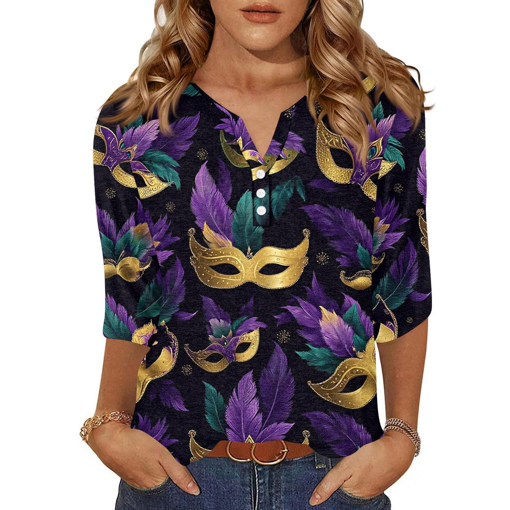 Dámské tričko s potiskem, knoflíky, 3/4 rukávy, pro každý den, na víkend, módní, základní, s výstřihem do V, běžný top