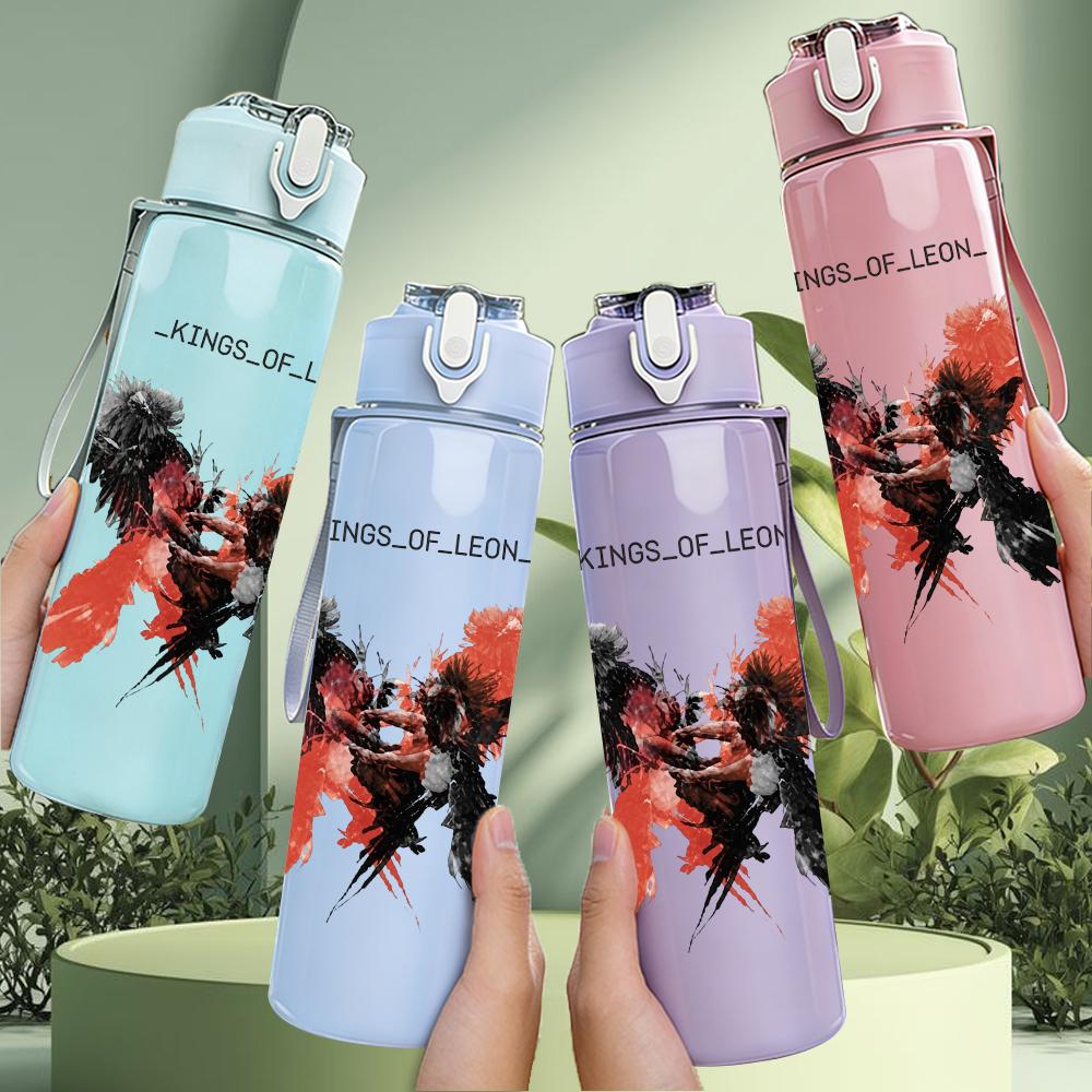 1PC Red winged creature band print 750ml colorful plastic sports water bottle leakproof pop up lid with straw for outdoor work home use