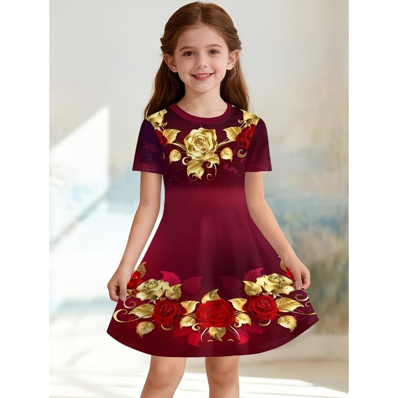 Cute and Shiny Magic Wand Princess Print Girl Casual Dress Fairy Tale Design Short Sleeved Dress Suitable for Birthday Gifts