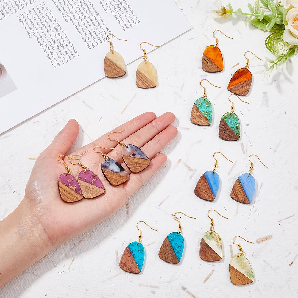 8 Pair 8 Color Resin & Wood Dangle Earrings with Iron Pins, Teardrop, Mixed Color, 48x20mm, 1 Pair/color