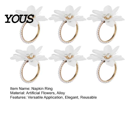 Elegant Napkin Holder 6Pcs White Lotus Rings, Chiffon Flower Metal Ring Holders, Faux Light Luxury Dining Accessory Pearl Dinner Rings for