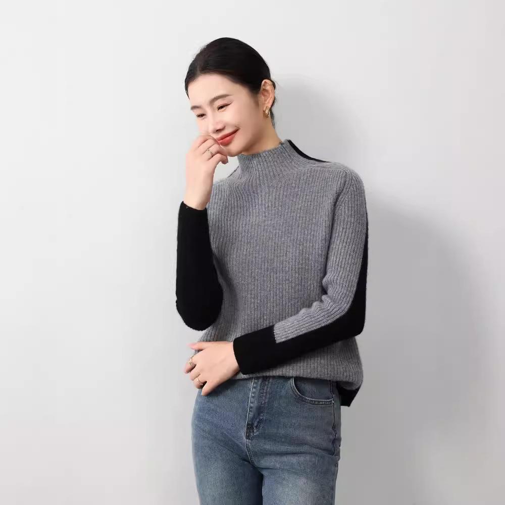 European & American Style Color Block Wool Pullover: Women's Slimming, Semi-High Neck, Autumn/Winter Fashion Knitted Sweater.