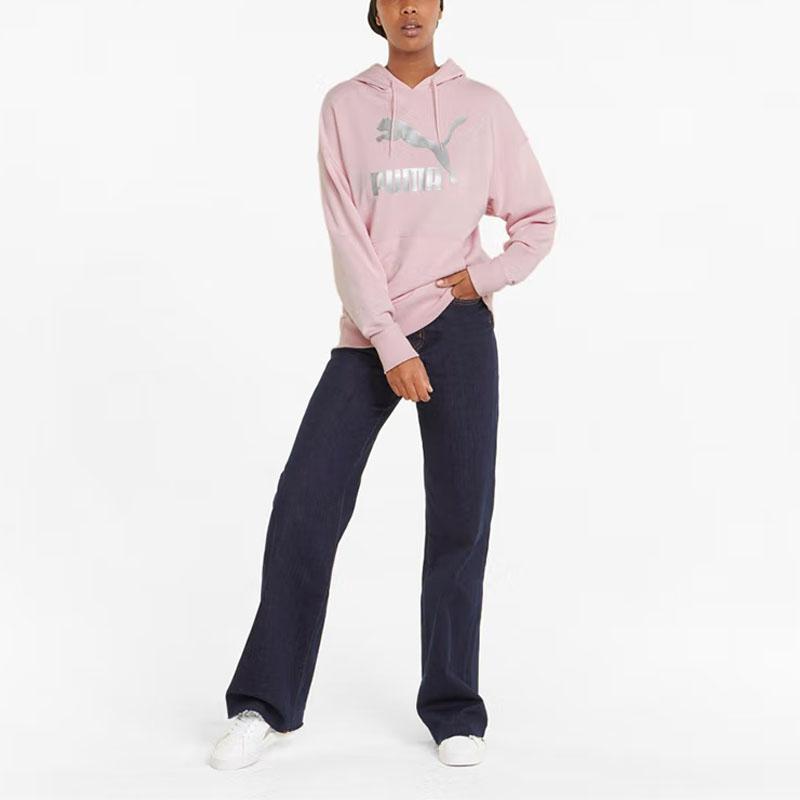 Puma Logo Print Drawstring Hoodie Long Sleeve Sweatshirt Women Tops Pink 535337-66