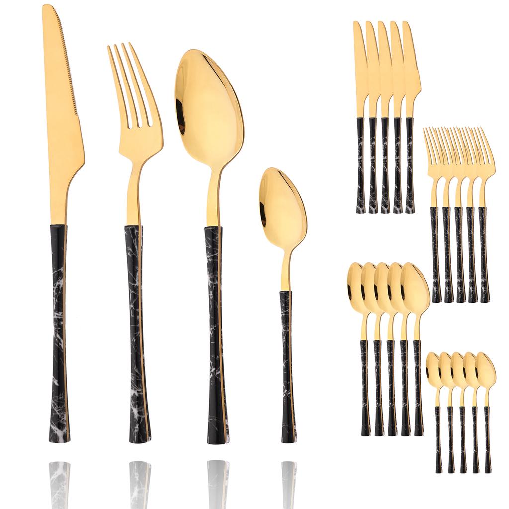 24 ks Příborů s dřevěnou rukojetí Domácí kuchyňská sada nádobí Nůž Vidlička Lžíce Čajová lžička Imitace mramoru Zrcadlová nerezová ocel Služba pro 6 osob