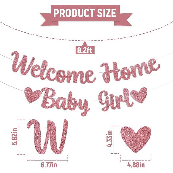 Welcome Home Baby Girl Banner - Pink Baby Shower Decorations for Girl, Gender Reveal Baby Shower Ide Outside Decoration Rose Gold Glitter