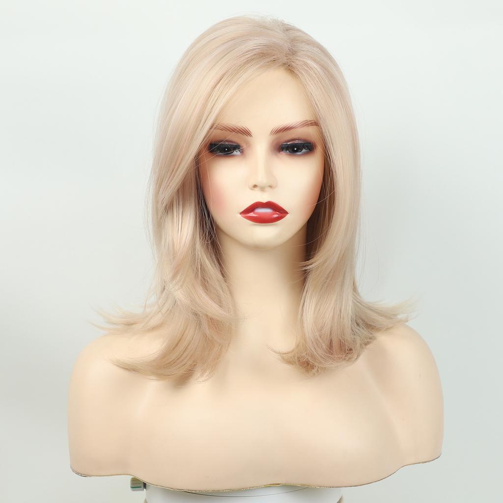 Women Synthetic Blonde Wigs with Bangs Shoulder Length Layered Wave Hair for Daily Cosplay Use Heat Resistant Fibre