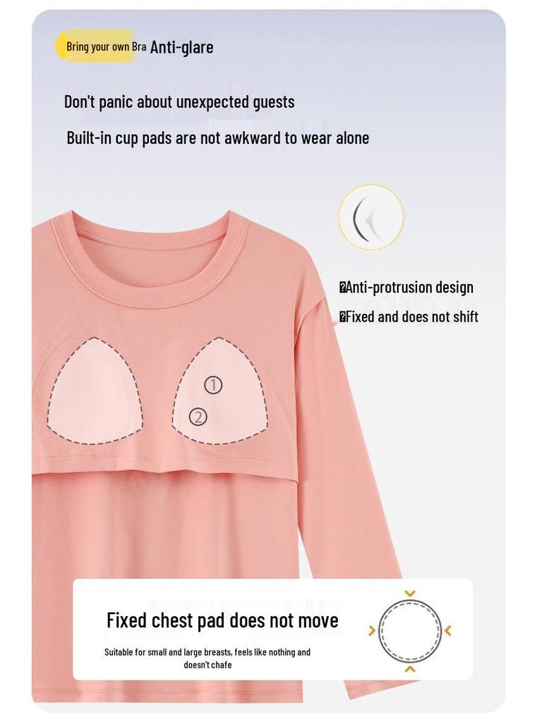 Womens Korean Style Cartoon Pajamas Set with Chest Pad - Long Sleeve, Cute Home Wear for Spring & Autumn (2025)