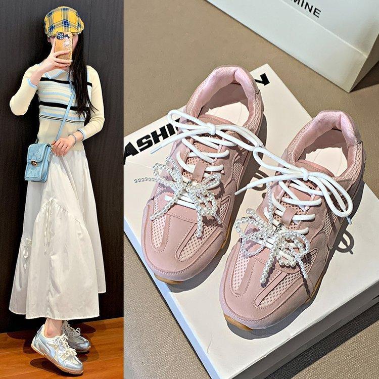 Platform soled German training shoes women's pearl shoelaces silver ballet style 2025 new spring casual Forrest Gump sports shoes