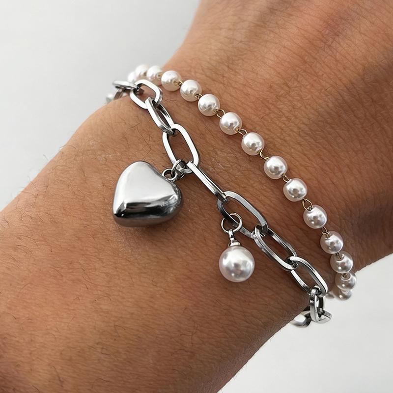 Stainless Steel Heart Pearls Charm Bracelet for Women Fashion Girls Elegant Bangle Wrist Zircon Party Birthday Gift Bijoux