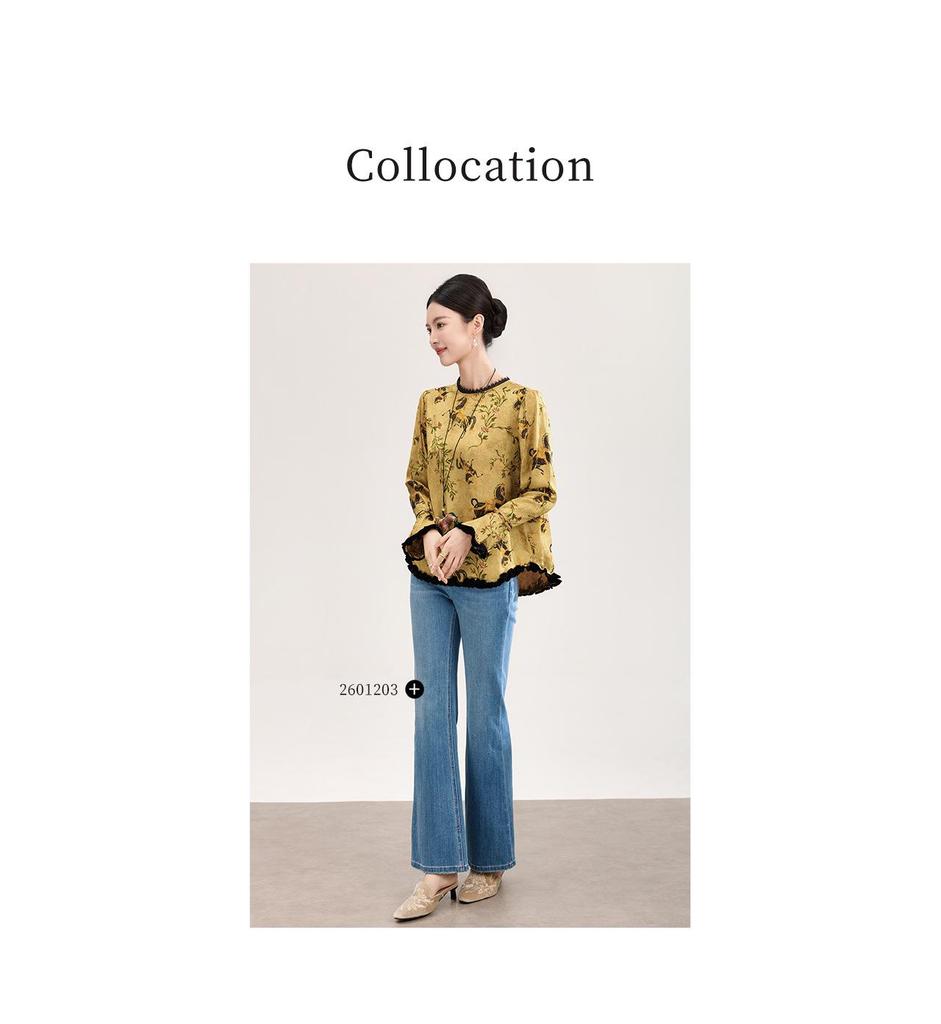 High-Quality Rayon Jacquard Patchwork Velvet Lace Women's Shirt - Early Spring, New Chinese Style