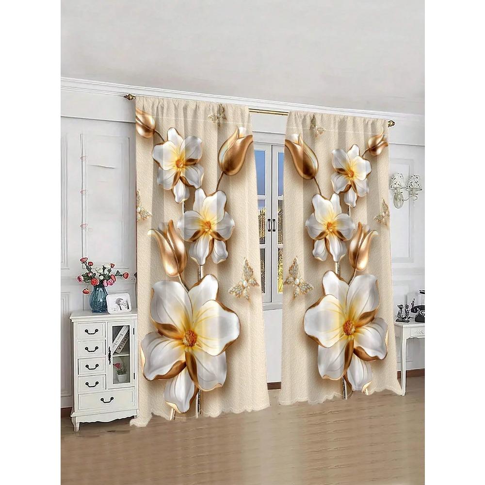 2pcs/Set Countryside Sunflower,Chrysanthemum,Red&Yellow Rose,Ivy Printed Trendy Floral Curtains Used For Living Room Room,Bedroom,Home
