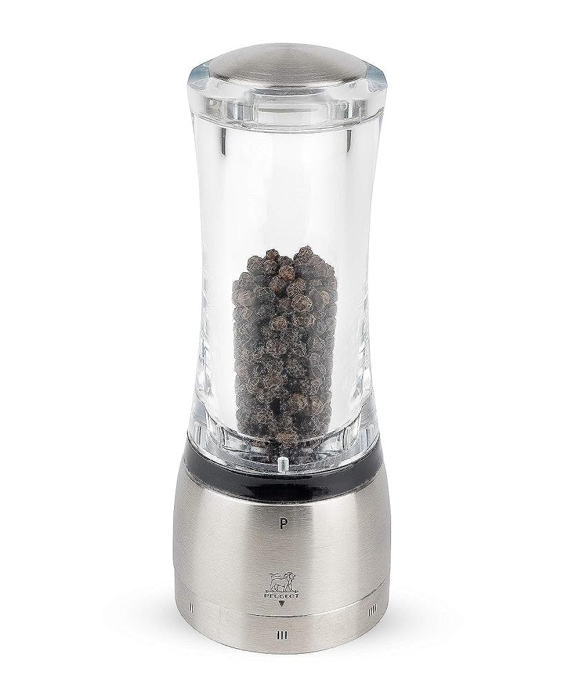 

Peugeot Pepper Mill, Clear Acrylic, Adjustable Coarseness, 30g Capacity, 16cm, Manual Operation, Magnetic Lid, Made in France, Dammann 25427