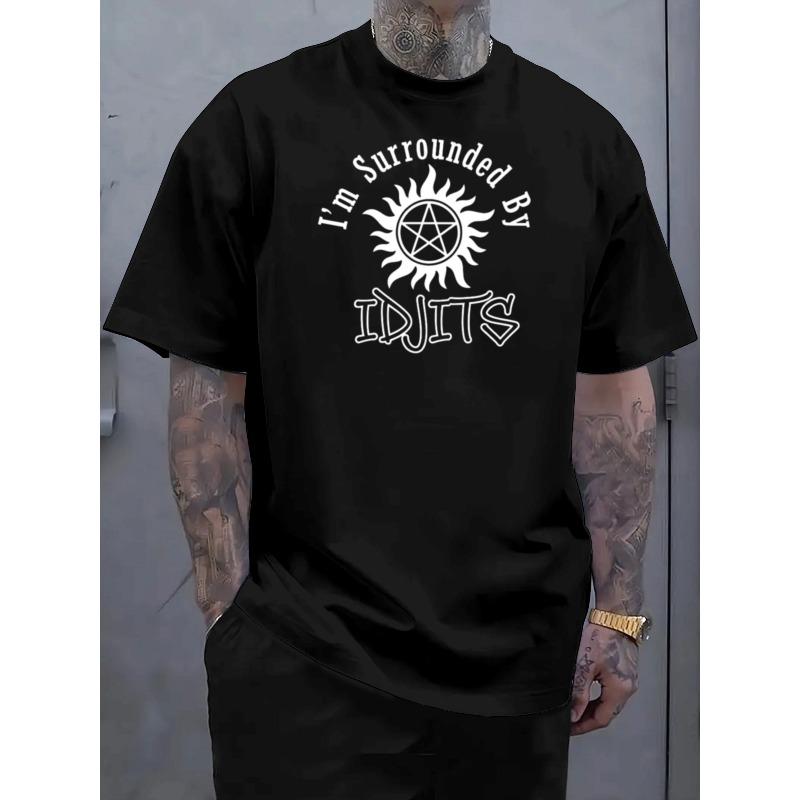 

Европейские размеры Мужская повседневная футболка с коротким рукавом | Абстрактный дизайн с текстом по кругу - Дышащая летняя футболка, Машинная стирка, Обычный крой S чёрный