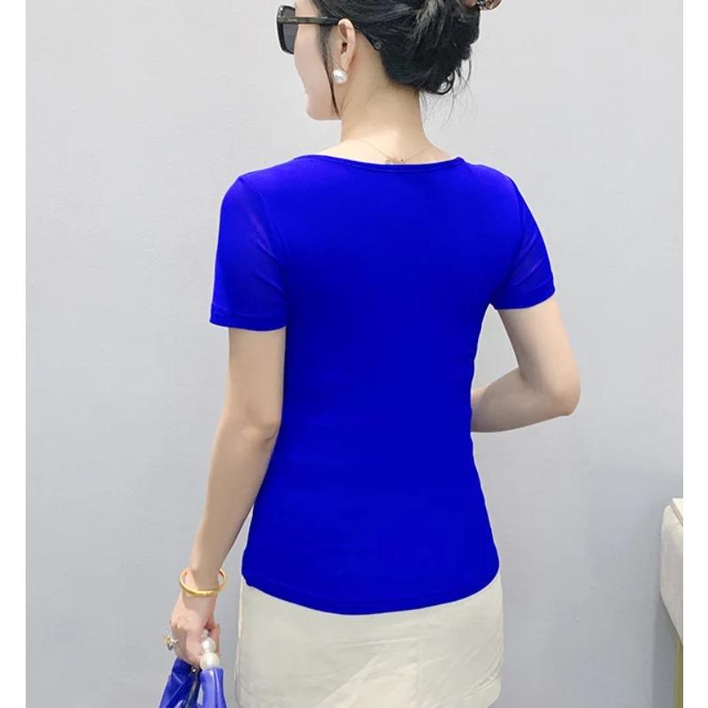 Summer Sexy V-Neck Short Sleeved Women's T-Shirt Fashion Shiny Hot Diamonds Mesh Tees Female All Match Casual Tops Blusas