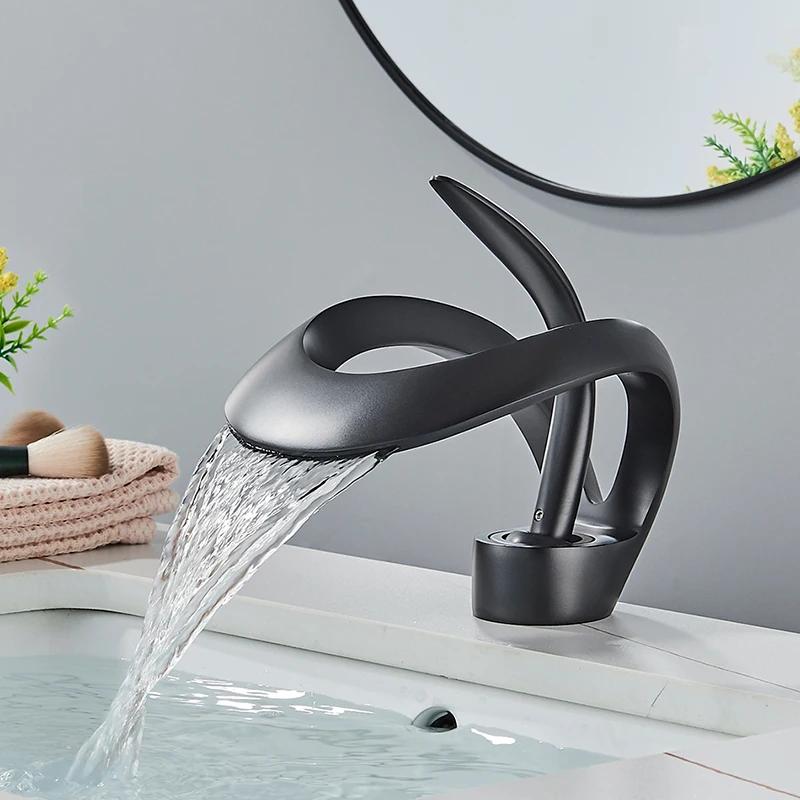 Uythner Luxury Creative Waterfall Basin Faucet Single Handle Deck Mount Basin Tap Black Brass Bath Hot Cold Water Vanity Tap